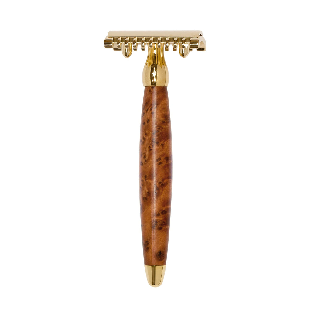 Joris 24k Gold Plated Open Comb Double-Edge Safety Razor, Thuja Wood H ...