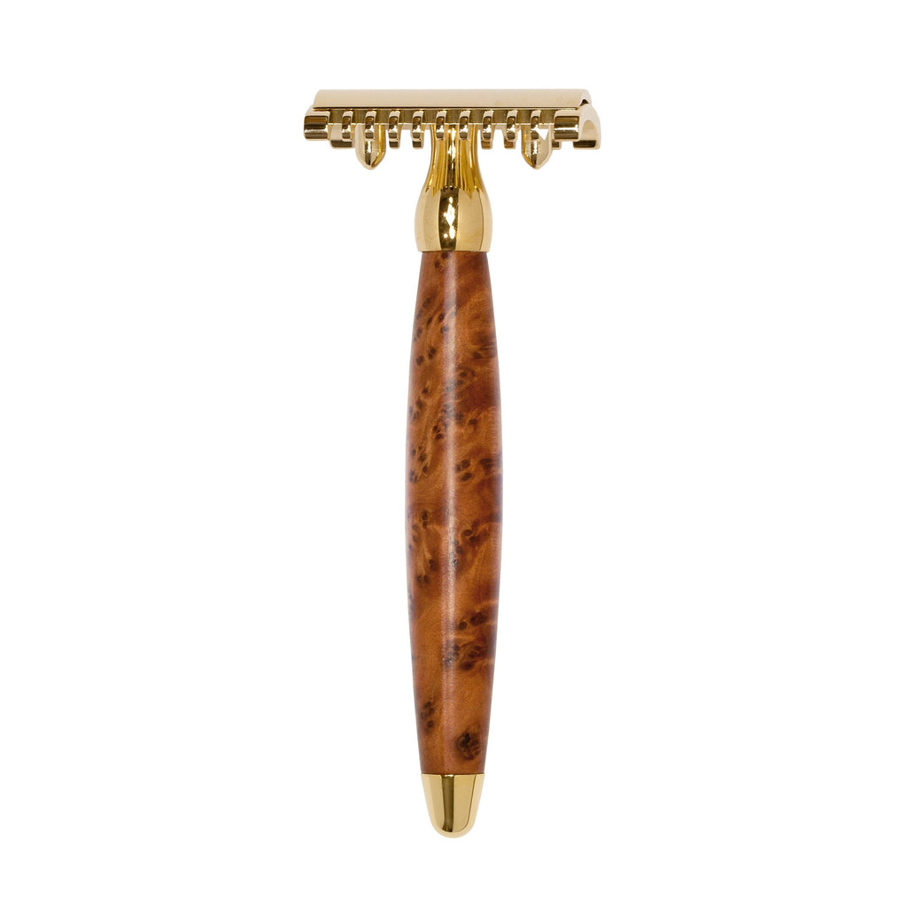 Joris 24k Gold Plated Open Comb Double-Edge Safety Razor, Thuja Wood Handle Double Edge Safety Razor Plisson - Joris 