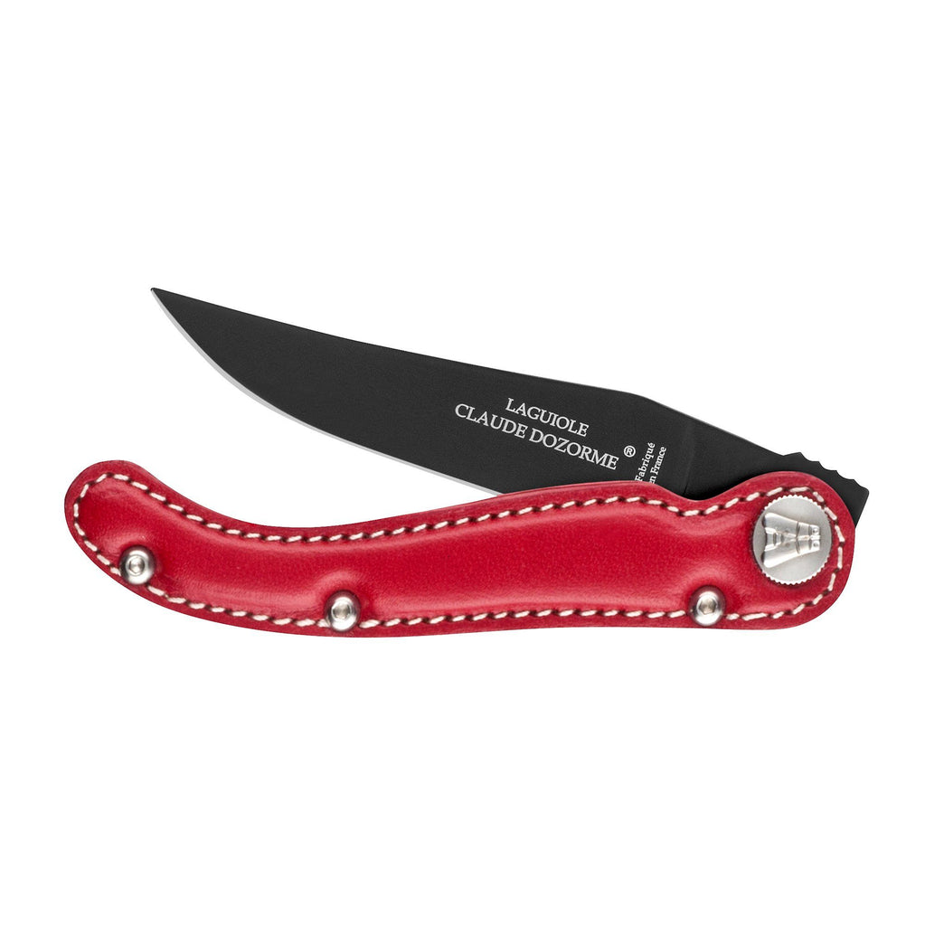 Claude Dozorme Laguiole Baroudeur Pocket Knife, Black Steel Blade and Leather Handle Pocket Knife Claude Dozorme Red 