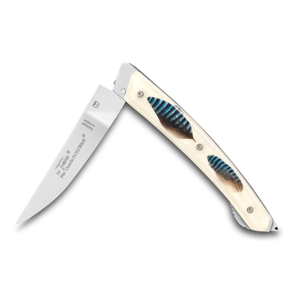 Claude Dozorme Le Thiers® Verrou Folding Pocket Knife, Blue Jay Feather Inlay Handle Pocket Knife Claude Dozorme 