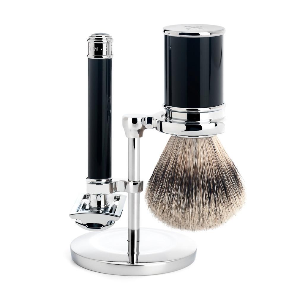 Muhle Traditional 3-Piece Shaving Set with Safety Razor and Silvertip Badger Brush, High-Grade Black Resin Shaving Kit Discontinued 
